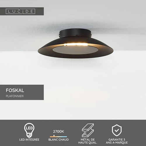 Lucide FOSKAL - Plafonnier - Ø 21,5 cm - LED - 1x6W 2700K - Noir - USP
